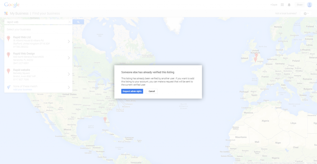 Google Plus Google Local Request admin rights