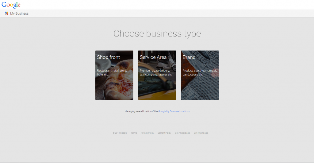 Google Plus business page setup - choose business type