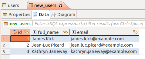 Destination database table